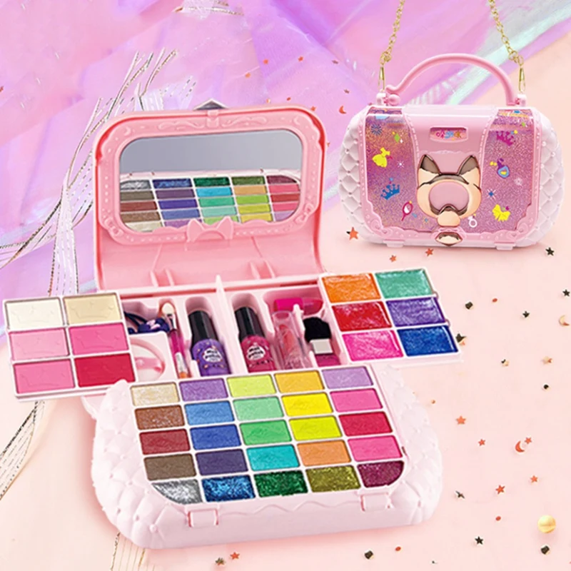 Kids Makeup Kit For Girl With Mirror Washable Makeup Toys For Little Pretend Play Make Up Set With Handbag For Age 3+