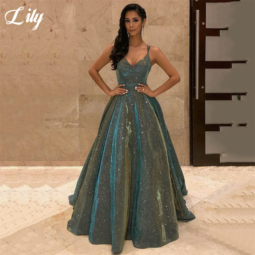 

Lily Teal - Green Glitter Evening Dresses Spaghetti - Strap V - Neck 프롬 드레스 Voluminous Floor - Length Gown for Women Custom
