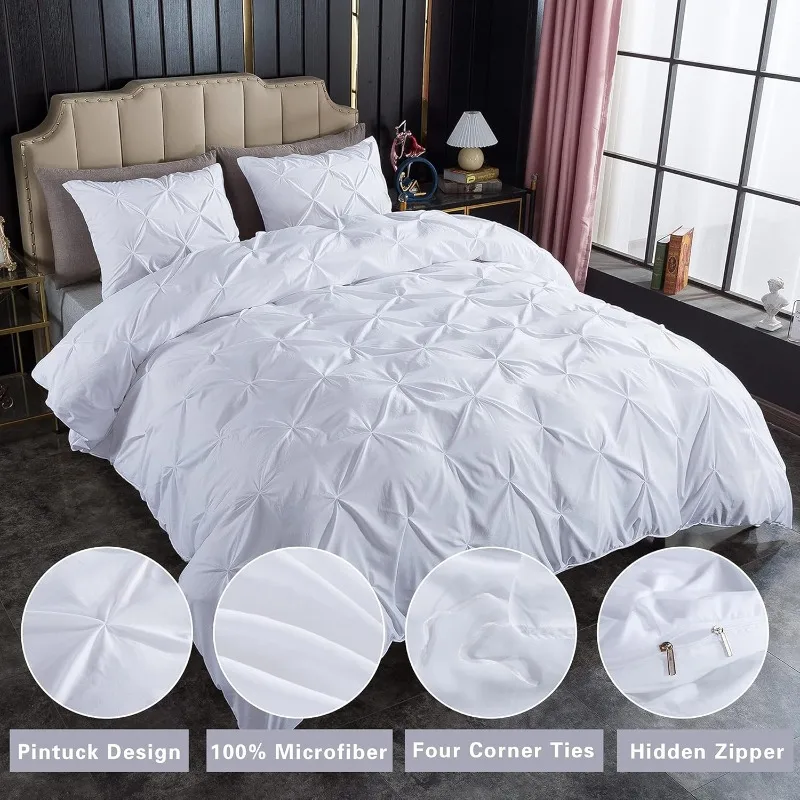 White King Pinch Pleat Duvet Cover, 3 Pieces Cover Soft Microfiber Bedding Set with Zipper Closure & Corner Ties