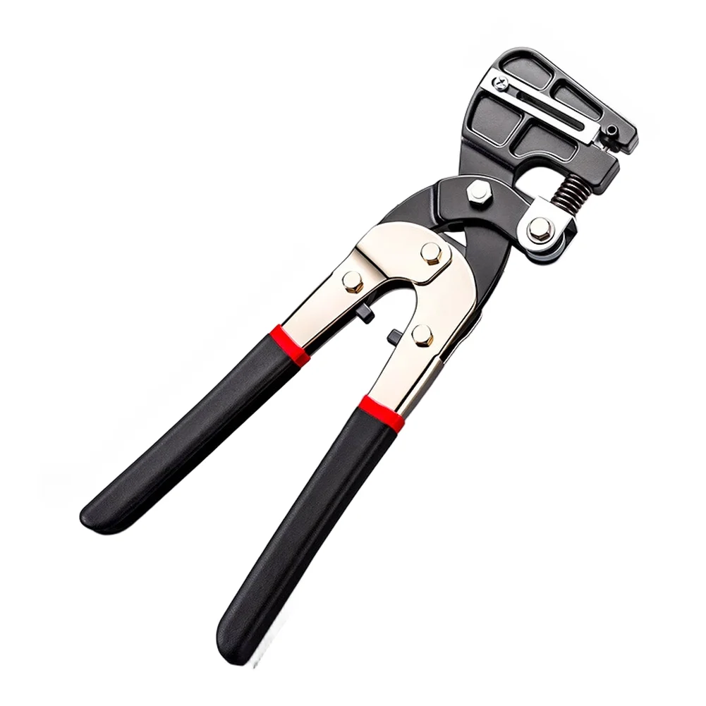 Hand Operated Hole Punch Pliers with Adjustable Depth Stop and Curved Lever for Accurate Hole Alignment on Metal Sheets