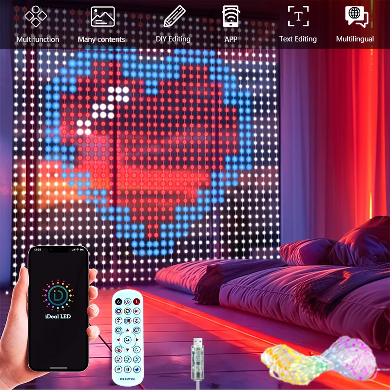 2PCS 400LEDs Smart Curtain Lights Fairy Light Remote Bluetooth APP Control DIY Text Cartoon Music Change Display Christmas