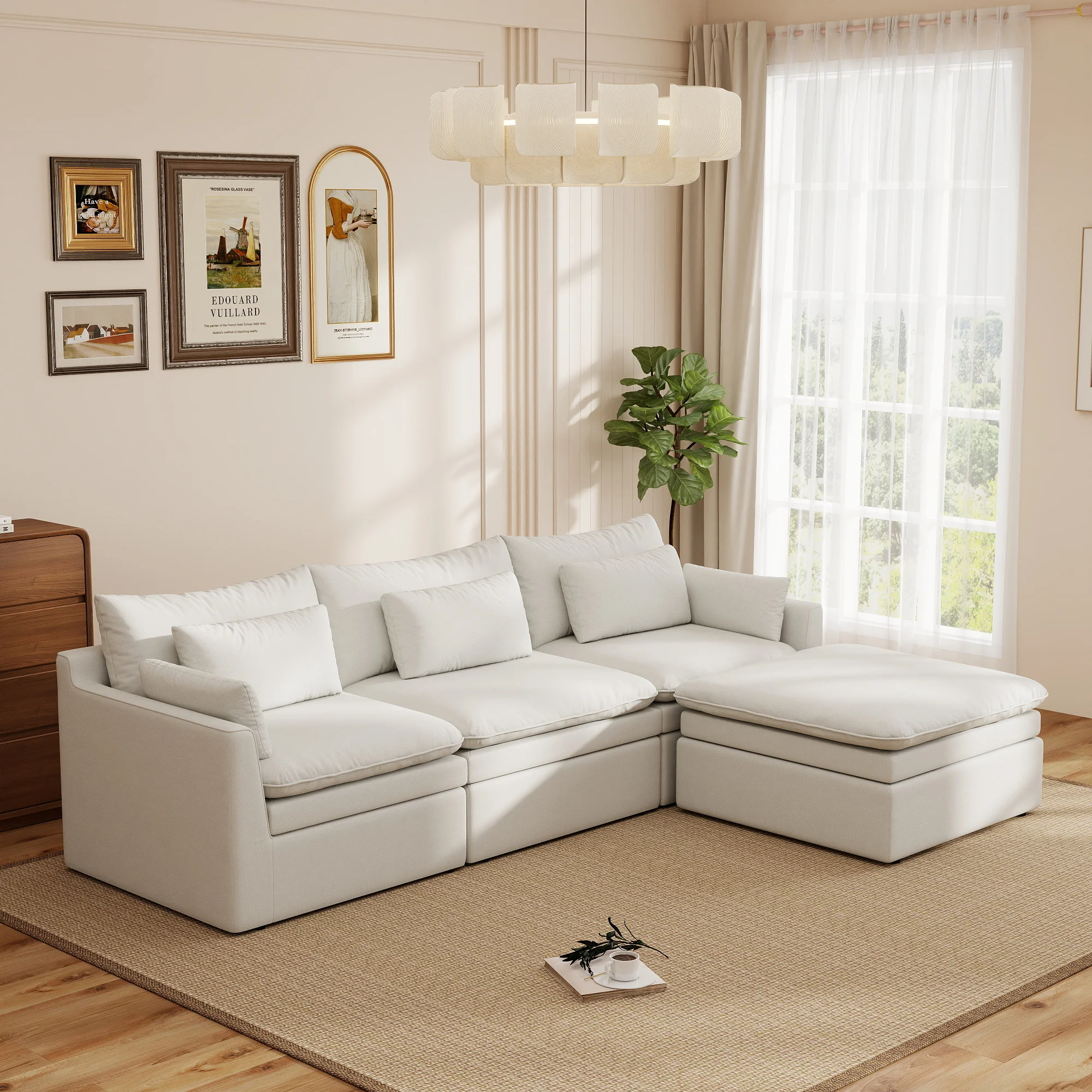 Modular combination corner sofa, imitation linen fabric sponge sofa, solid wood leg sofa set, suitable for living room furniture