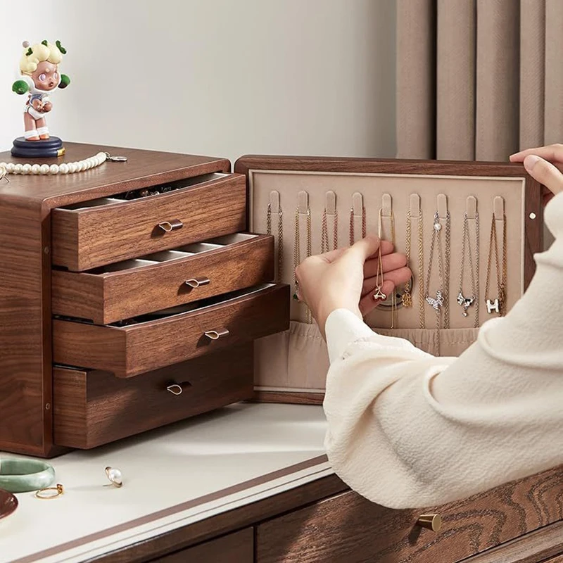 Wooden Jewelry Box with Lock, Display Case & Organizer for Necklaces, Rings, Earrings, Watches, Bracelets - Secure Storage Tray