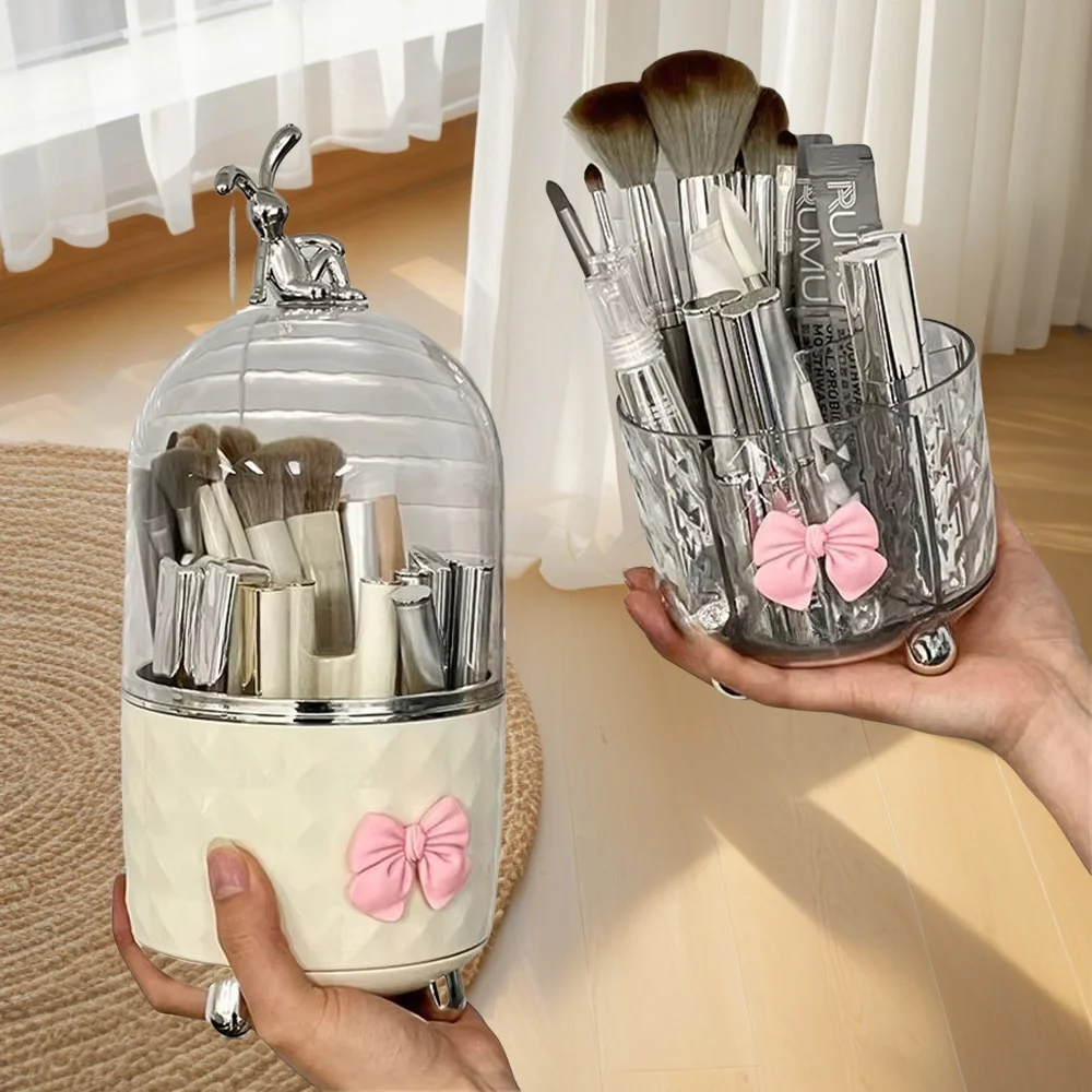 Luxury Rotatable Desktop Cosmetics Box Rabbit Bow Transparent Dust Cover Organizer Boxes Lipstick Eye Shadow Brush Makeup Holder