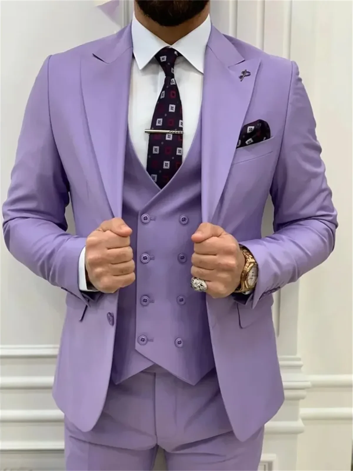 3 Piece Light Purple Men\'s Suits  Elegant Full Set Single Breasted Peaked Lapel Formal Outwear（Jacket+Pants+Vest) Costume