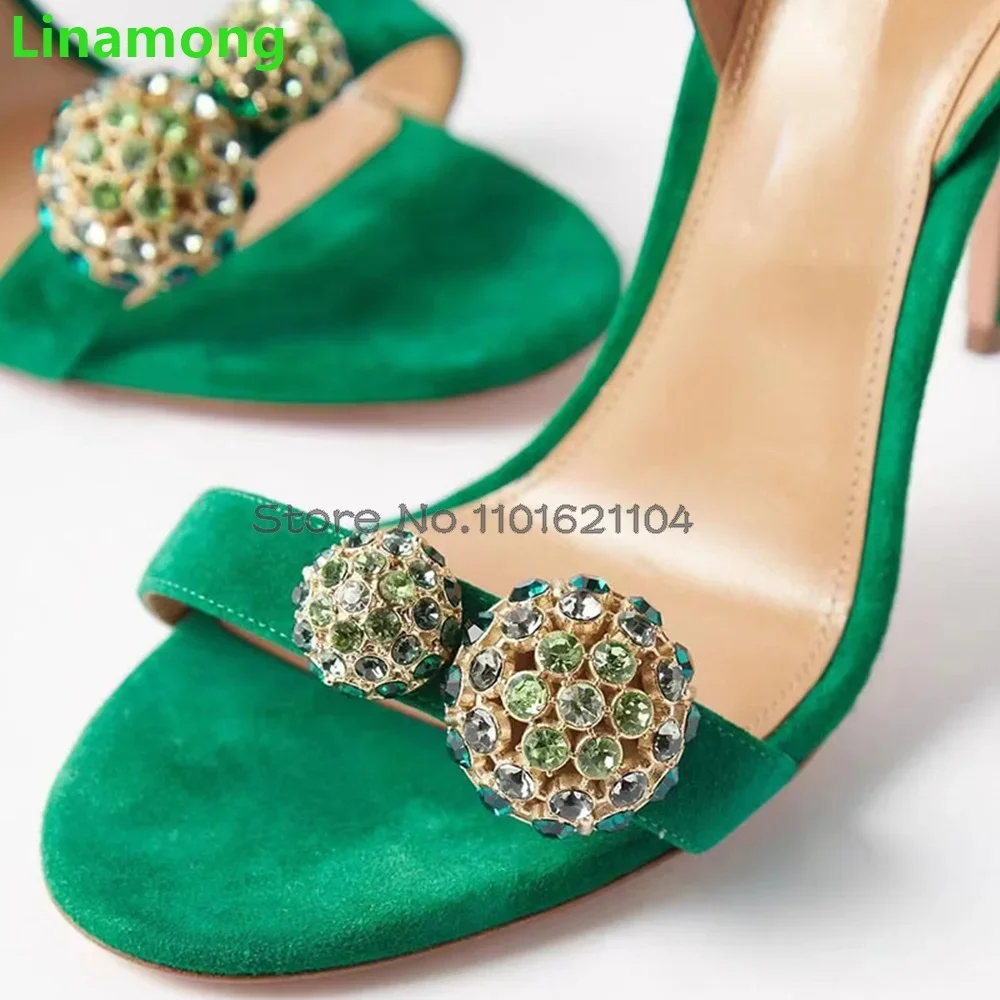 Green Crystal Luxury Design Sandals For Female Women 2024 Summer New Round Toe Thin High Heel Back Strap Slingback Elegant Shoes