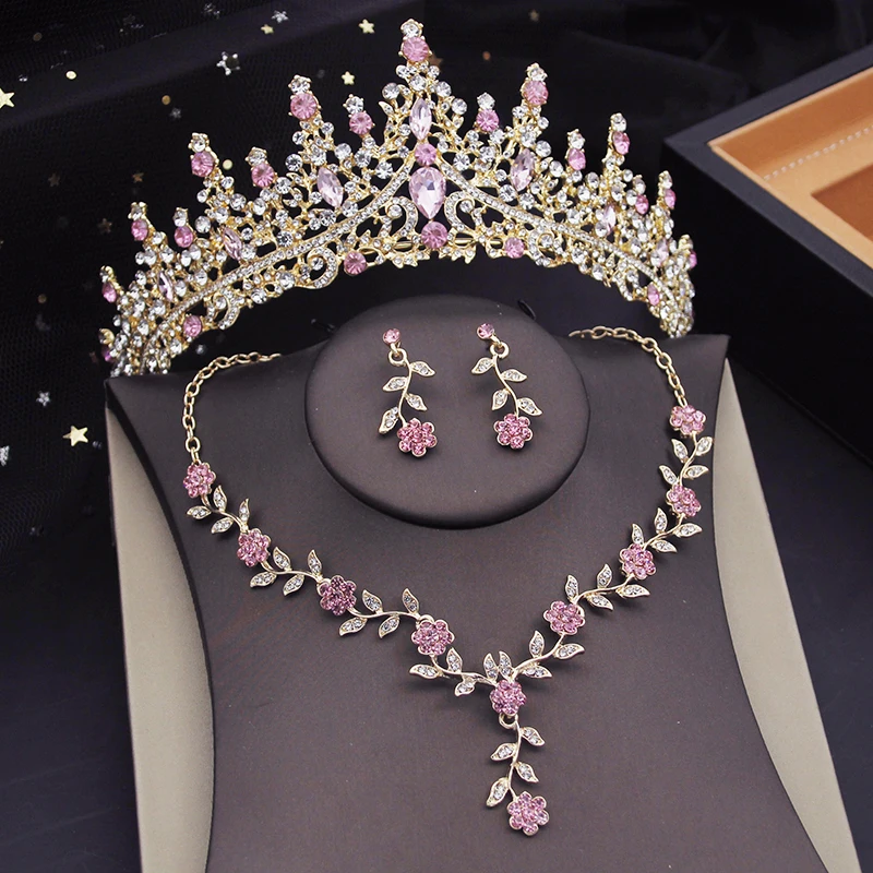 Gorgeous Crystal Tiaras Bridal Jewelry Sets for Women Crown Flower Choker Necklace Sets Wedding Bride Costume Jewelry Set