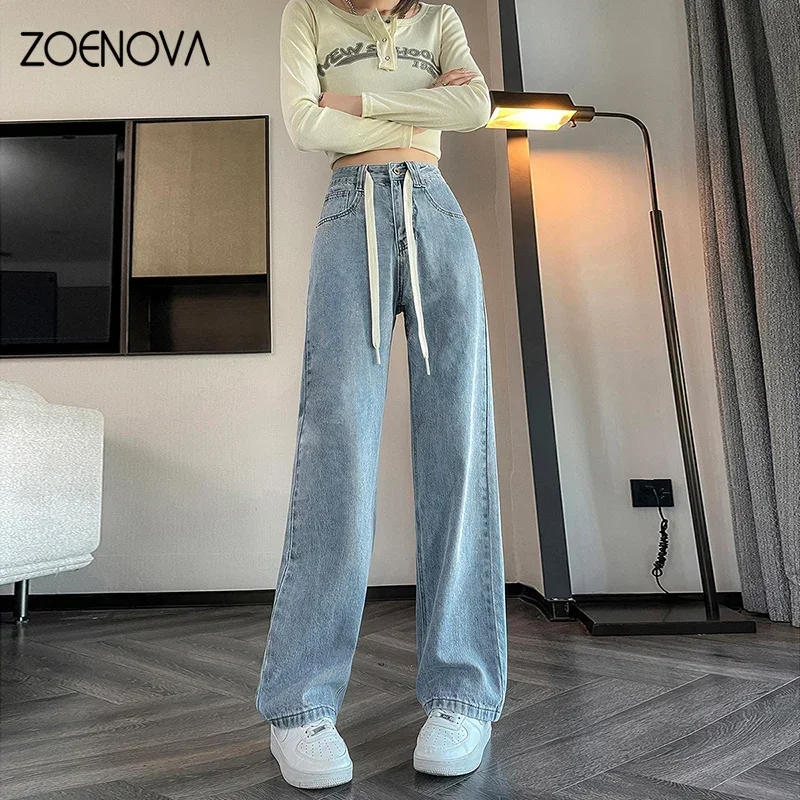 ZOENOVA-Pantalon à jambes larges pour femmes, jean décontracté, mode, lacets, taille haute, vintage, adt, fjj, droit, printemps, nouveau, 2024