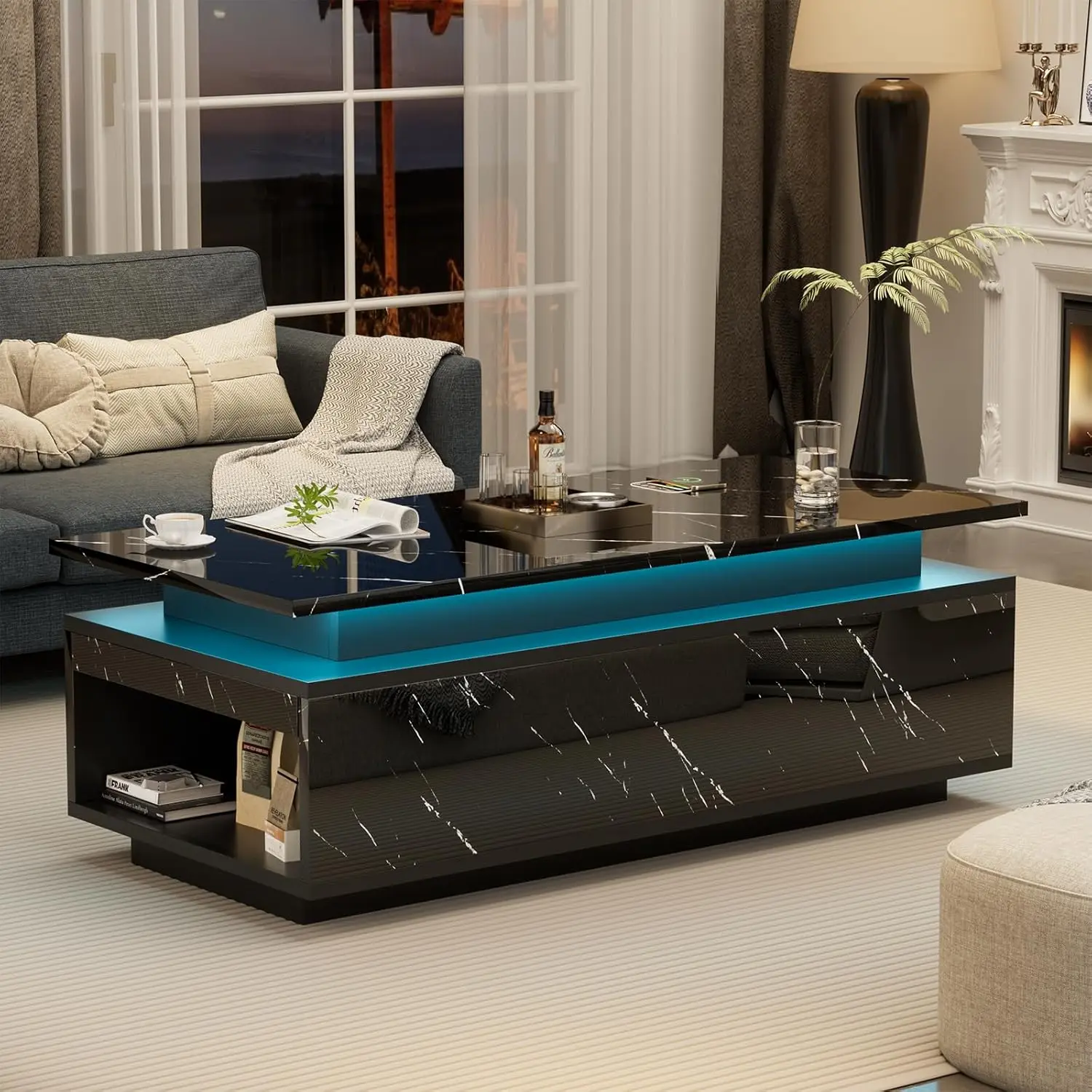 

Modern LED Coffee Table, 47.2 Inches Living Room Tables with 24 Colors LED Lights, Wireless Charging and Speaker, Double-Layer D