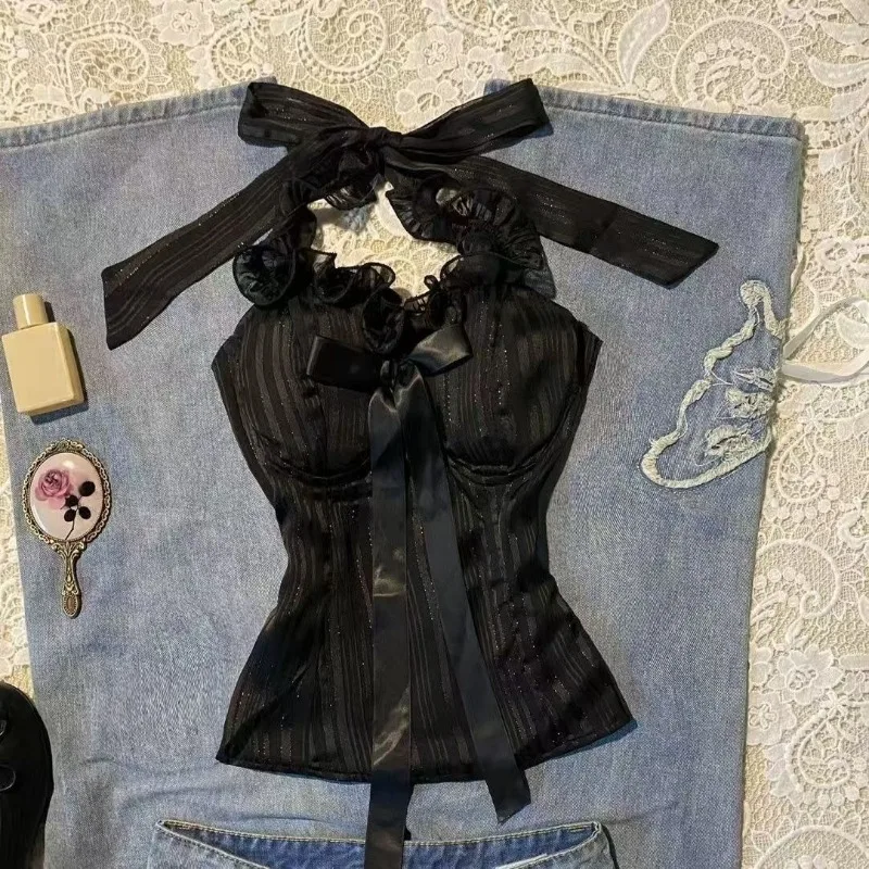 

French Lace Patchwork Camisole Subculture Bow Design Halter Vest Harajuku Slim Y2k Tanks Women's Street Sexy Fashion Hottie Tops