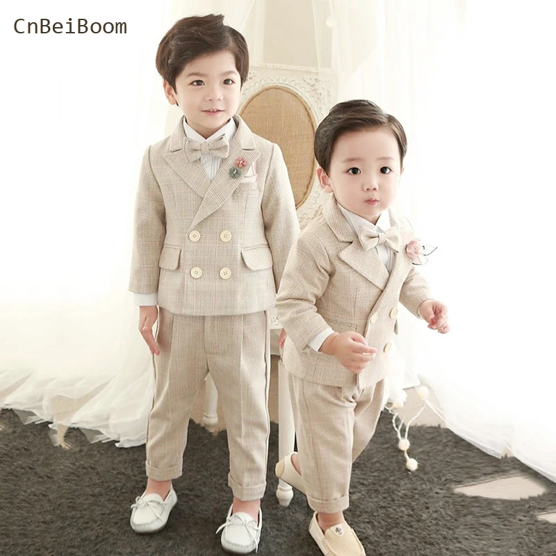 4PCS Little Boy Gentleman Suit Formal clothes Coat Vest Pants Tie bow Outfit Set Khaki Lattice birthday Wedding Party Dress Suit