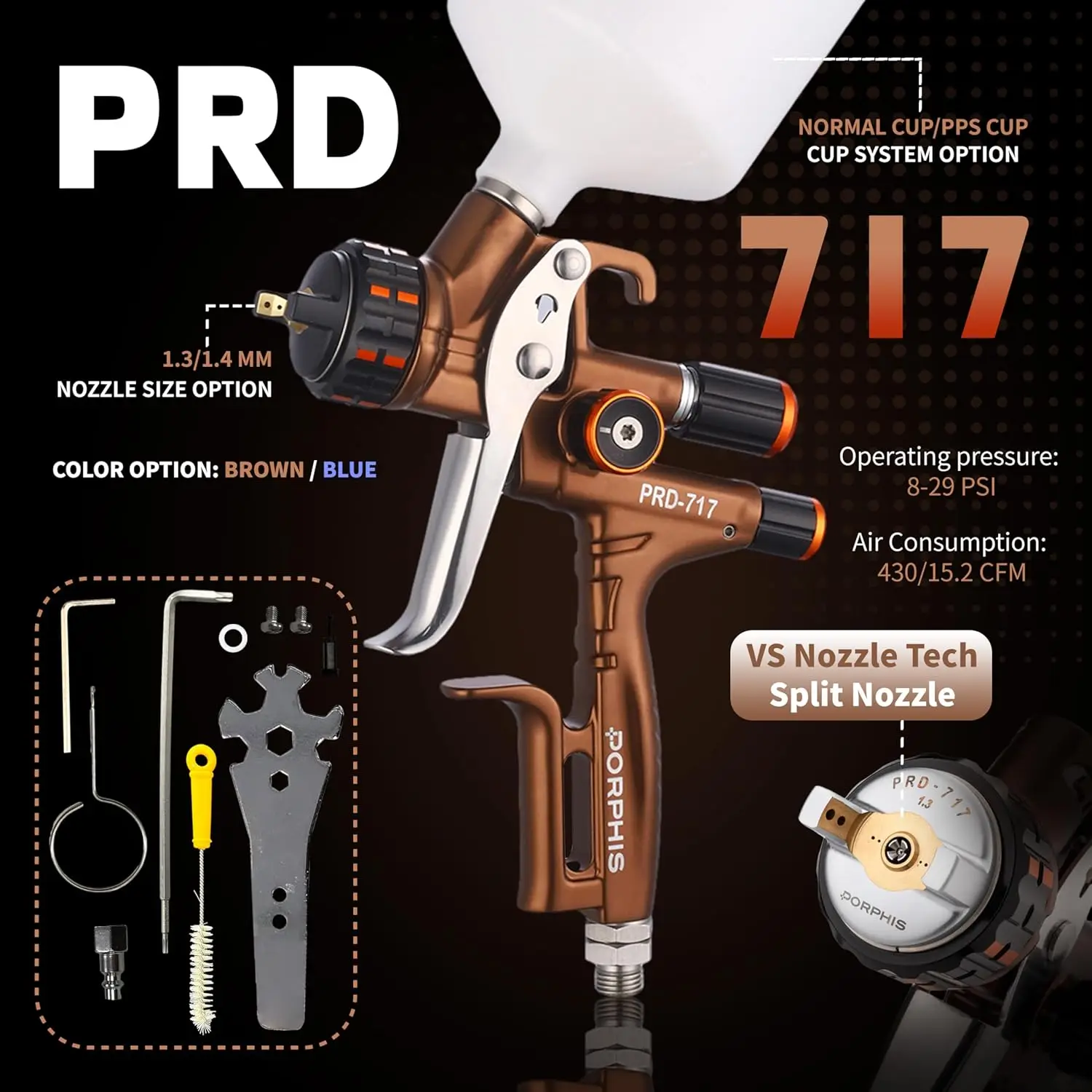 Gun PRD-717 VS Type with Split Nozzle 1.3mm Automotive Refinishing Spray Gun, Brown