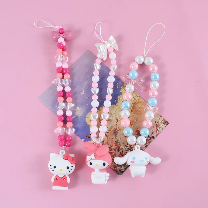 Sanrio Kuromi Hello Kitty Y2K Key Chain Diy Phone Case Pendant Cartoon Figure Beaded Ornament Accessory Girls Backpack Pendant
