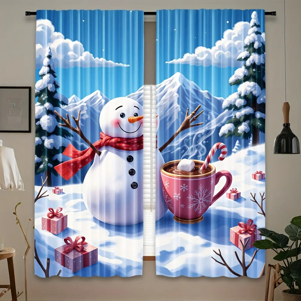 2pcs Winter Snowman & Hot Cocoa Curtains - Semi-Sheer Light Filtering Window Drapes with Snowman, Snowflakes, Hot Cocoa Cup Desi