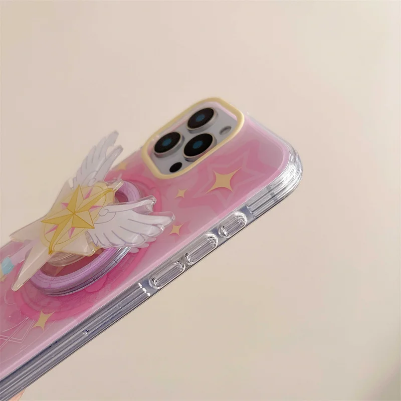 Casing Ponsel Bintang Magsafe Dudukan Magnetik Bentuk Sayap Lucu untuk iPhone 14 13 15 16 Pro Max 15 Pro Pengisi Daya Nirkabel Sampul Lucu Fundas