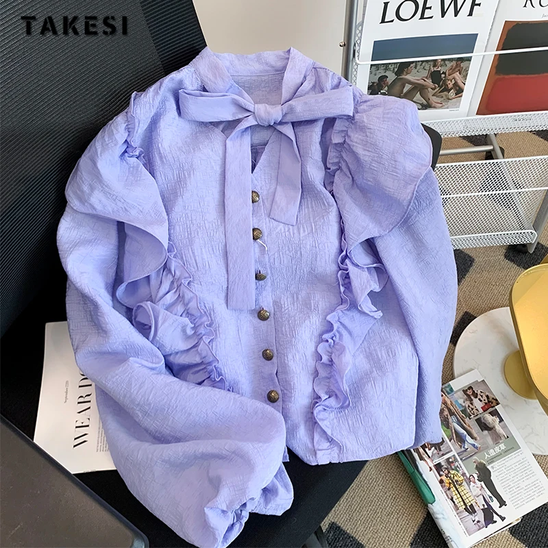 

2023 Autumn Casual Long Sleeve V-neck Solid Color Ruffles Loose Shirts For Women Vintage Classic Office Lady Purple Blouse Tops