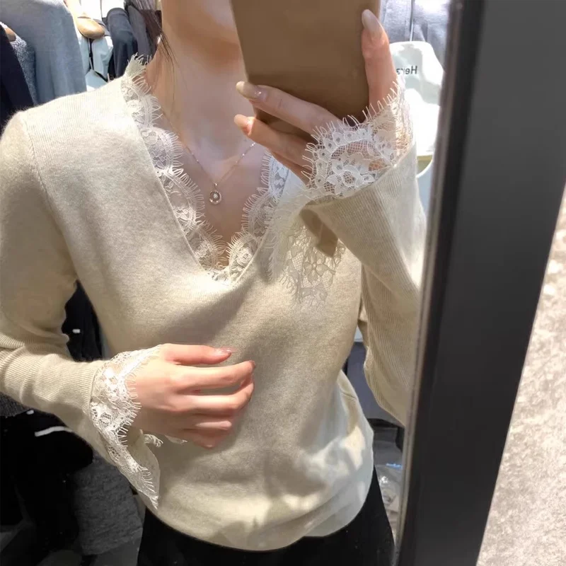 

Женская трикотажная кофта с V-образным вырезом и длинным рукавом, с кружевной отделкой, базовая модель для ношения под одеждой, осень-зима, новинка, модный дизайн