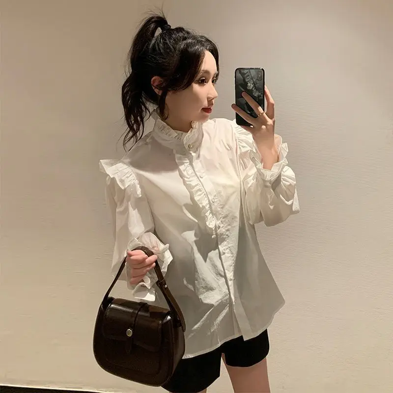 

Long Sleeve Shirts Women Satin Ruffled Button Down Slim Fit Outwear Feminine Comfortable Travel Minimalist Romantic Daily Spring