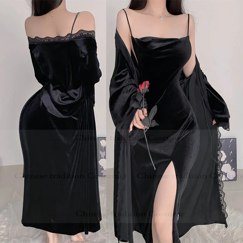 

Длинный велюровый халат, женский сексуальный комплект одежды для сна, теплая велюровая ночная одежда, женский длинный халат, интимное белье, одежда для дома