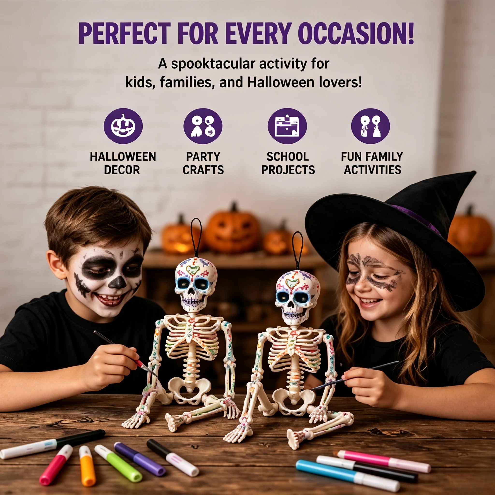 40cm Halloween Skeleton Painting Kit with Watercolor Pens, DIY Paintable Skeleton Figure, Color Your Own Skull, Creative Halloween Decoration, Spooky Skeleton Statue for Halloween Party, Home, Tabletop, Kids and Adults, Craft Gift