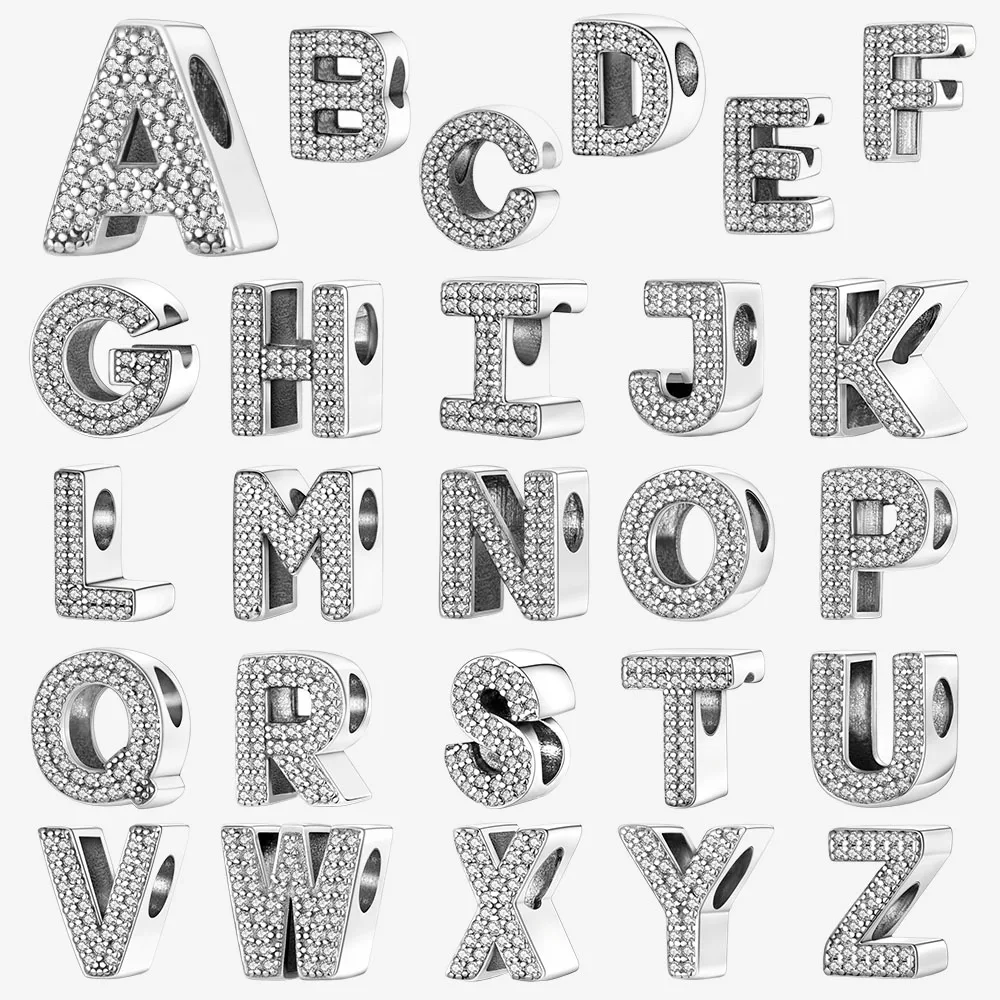 

A-Z Pave Letter 925 Sterling Silver Initial Dangle Charms Fit Original Bracelet Beads Jewelry DIY Birthday Gift plata de ley