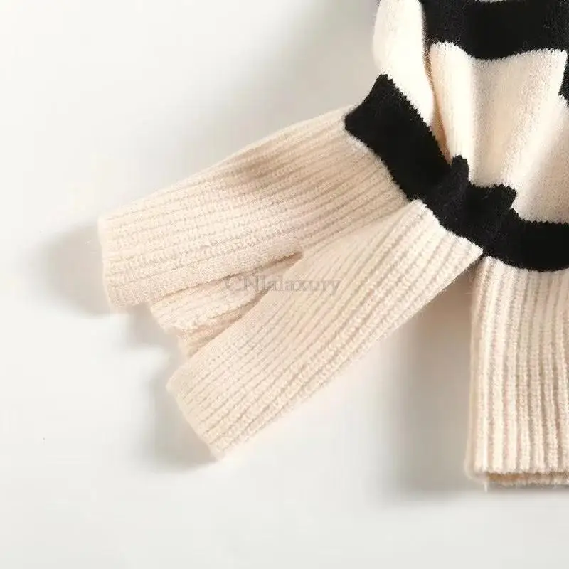 CNlalaxury Autumn Winter Woman Casual Striped Sweater Dropped Shoulder Long Sleeve V-neck Knitted Sweaters Pullover Top Vintage