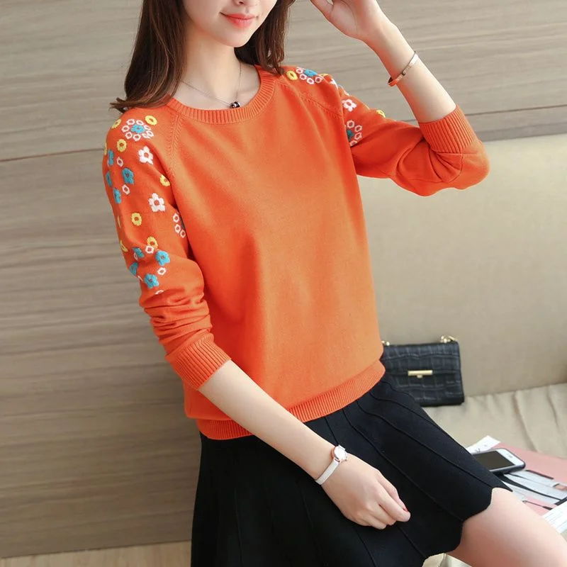 Women\'s Spring Autumn Korean New O-Neck Pullover Knitted T-shirt Fashion Embroidered Spliced Leisure Versatile Long Sleeved Tops