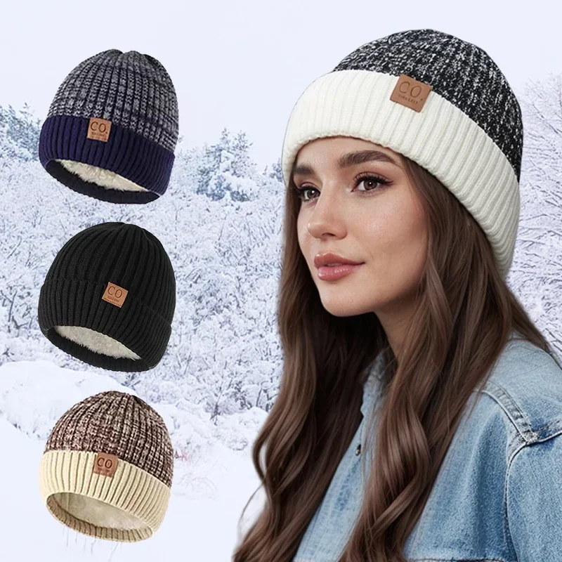 Two-Tone Ribbed Knit Beanie for Men Women Fleece Lined Warm Cuffed Skullcap Stretchy Outdoor Skiing Daily Winter Headwear