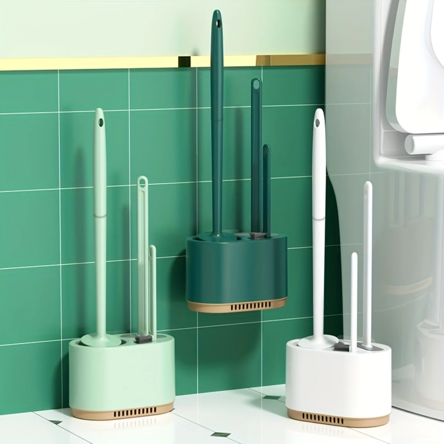 Toilet Brush And Holder Set, 3 In 1, 2 In 1, Compact Size Toilet Brushes, Silicon Flat Brush, Bristles Round Brush, Mini Crevice