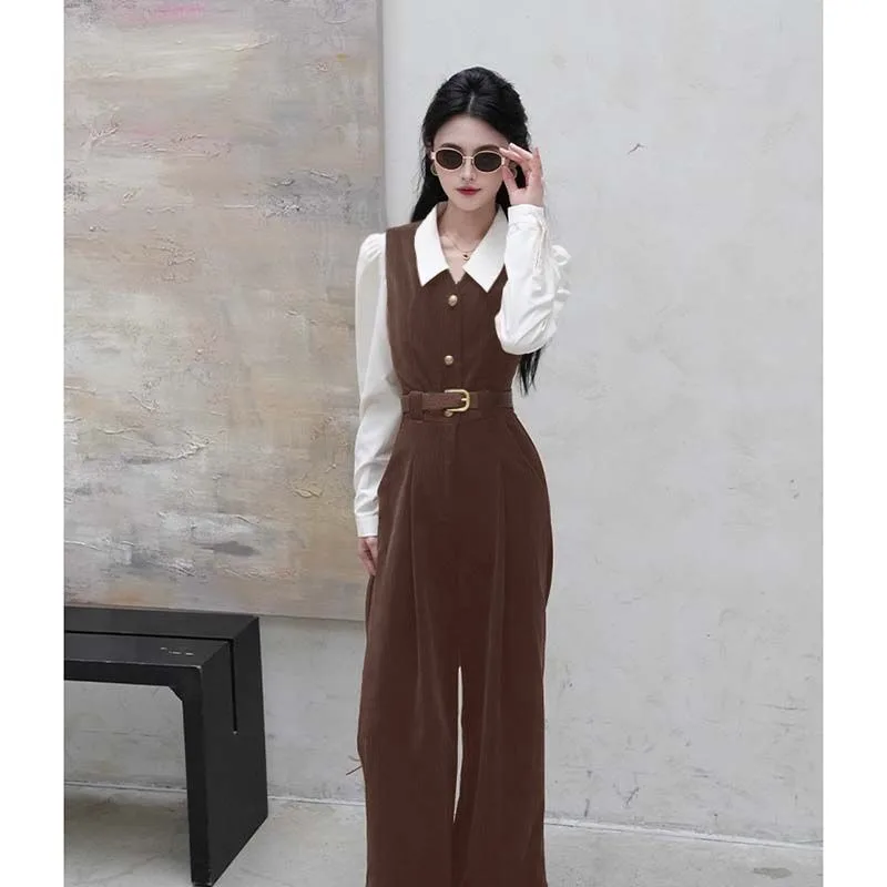 Nuova moda coreana autunno tuta da donna finta in due pezzi elegante vita sottile bavero manica lunga pantaloni dritti tute eleganti