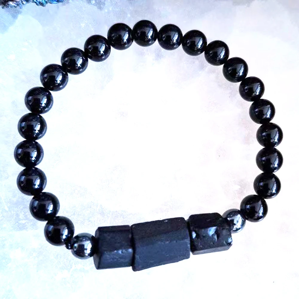 

MG2060 New Raw Black Tourmaline 6 MM Hematite Bracelet Mens Energy Protection Root Chakra EMF Jewelry