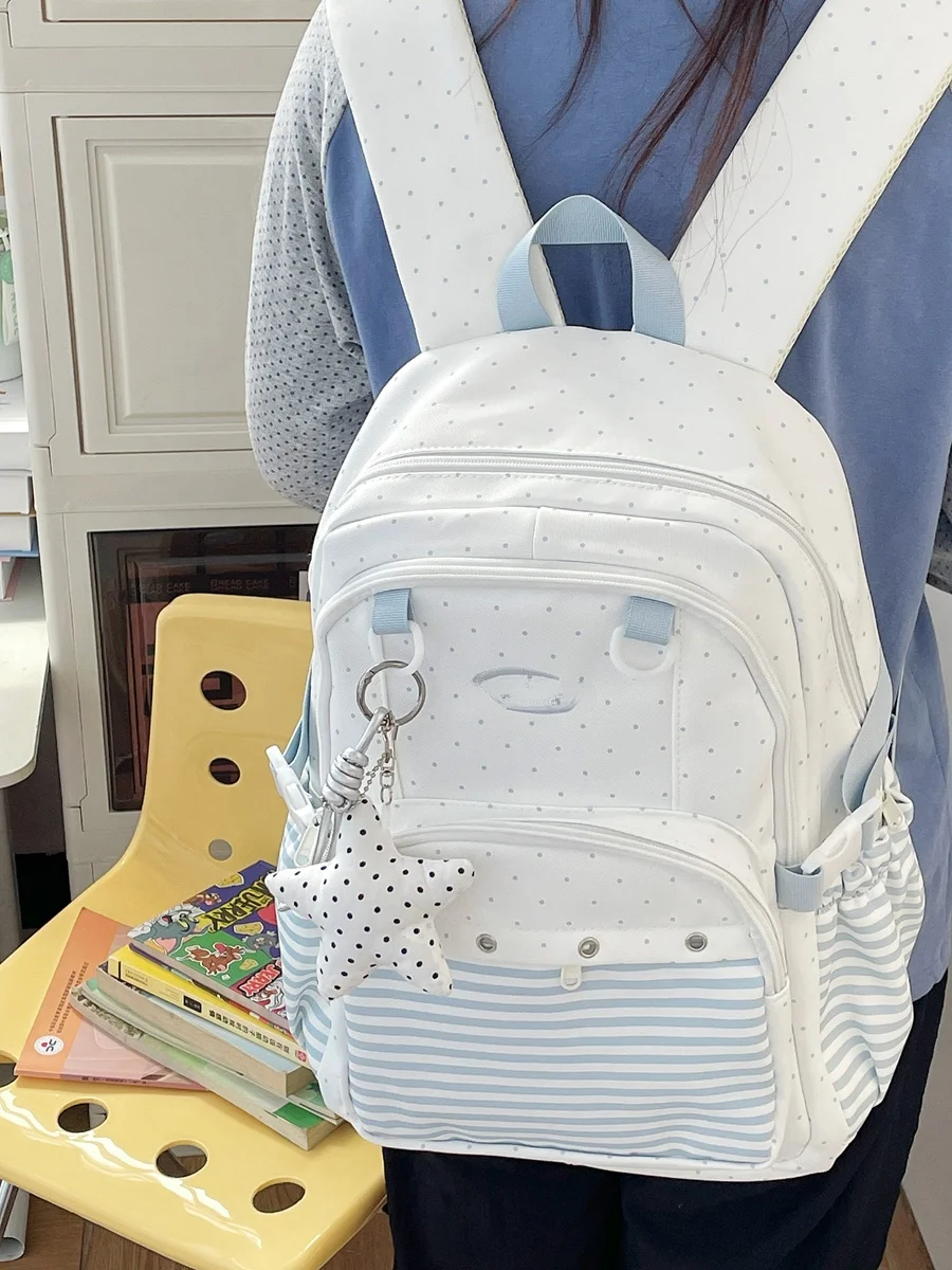 Korean Polka Dot Striped Large Capacity Backpack for High School Students Campus Beauty Girls Junior High School Backpack