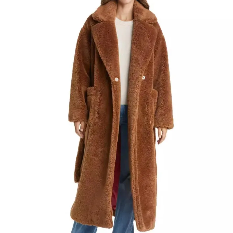 2025 여성용 푹신한 탑 코트, 두꺼운 인조 시어링 코트, 단색 긴팔 겨울 아우터, 보온 안감 롱 코트