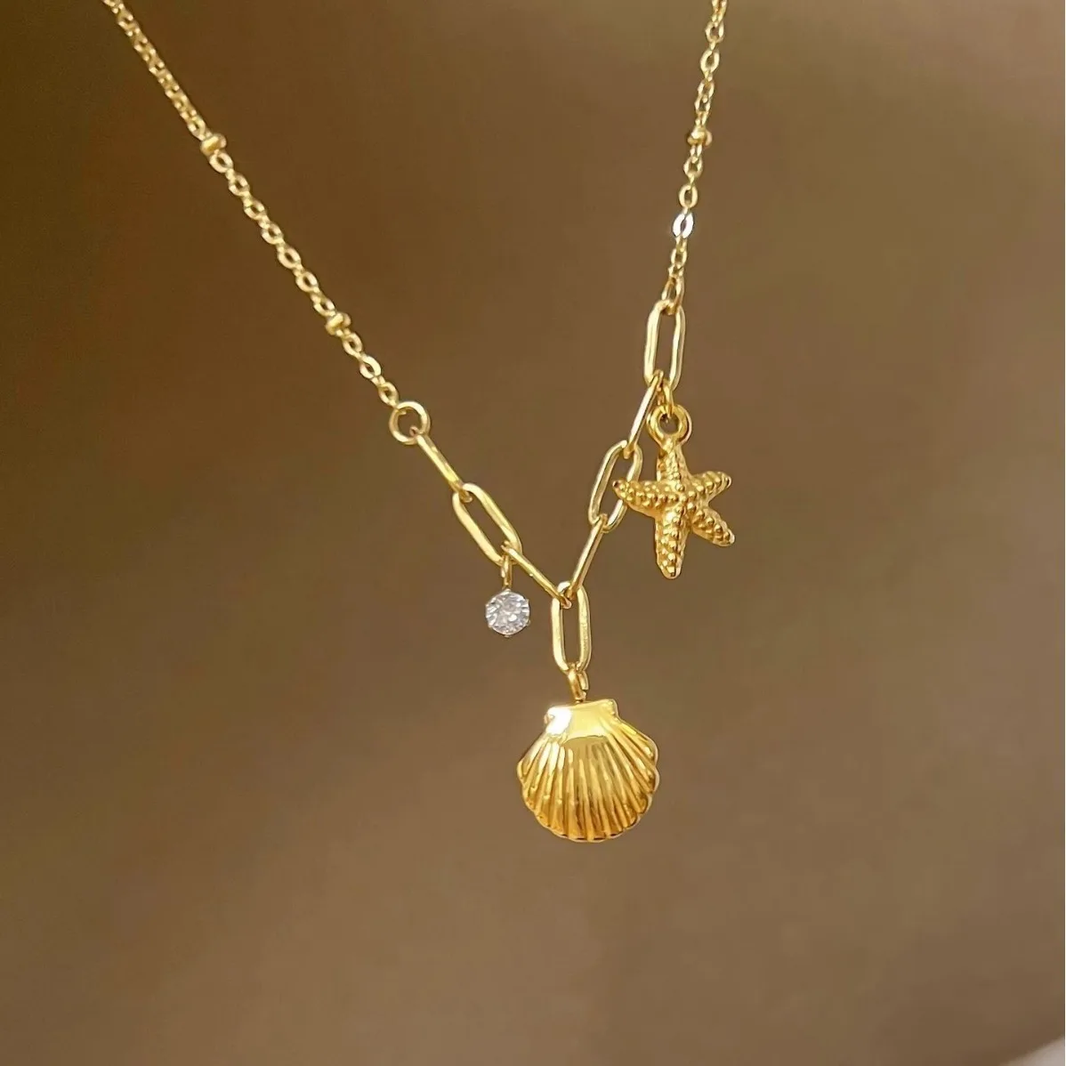 316L Stainless Steel Starfish Shell Zircon Pendant Necklace For Women Fashion New Gift Gold Color Neck Chain Jewelry