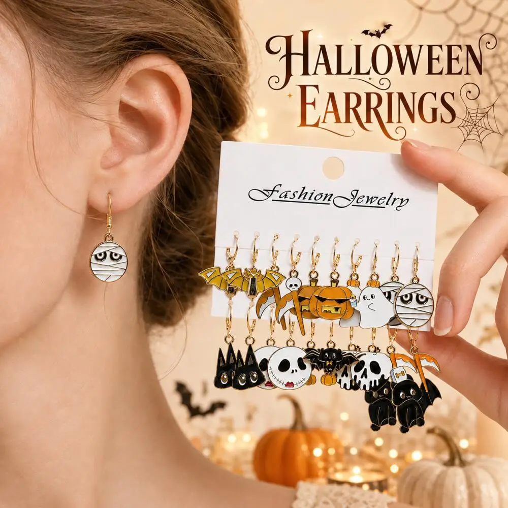 10 Pairs Halloween Dark Cartoon Hoop Earrings Set   Bat, Skull, Pumpkin, Ghost, Mummy   Cosplay Party Jewelry
