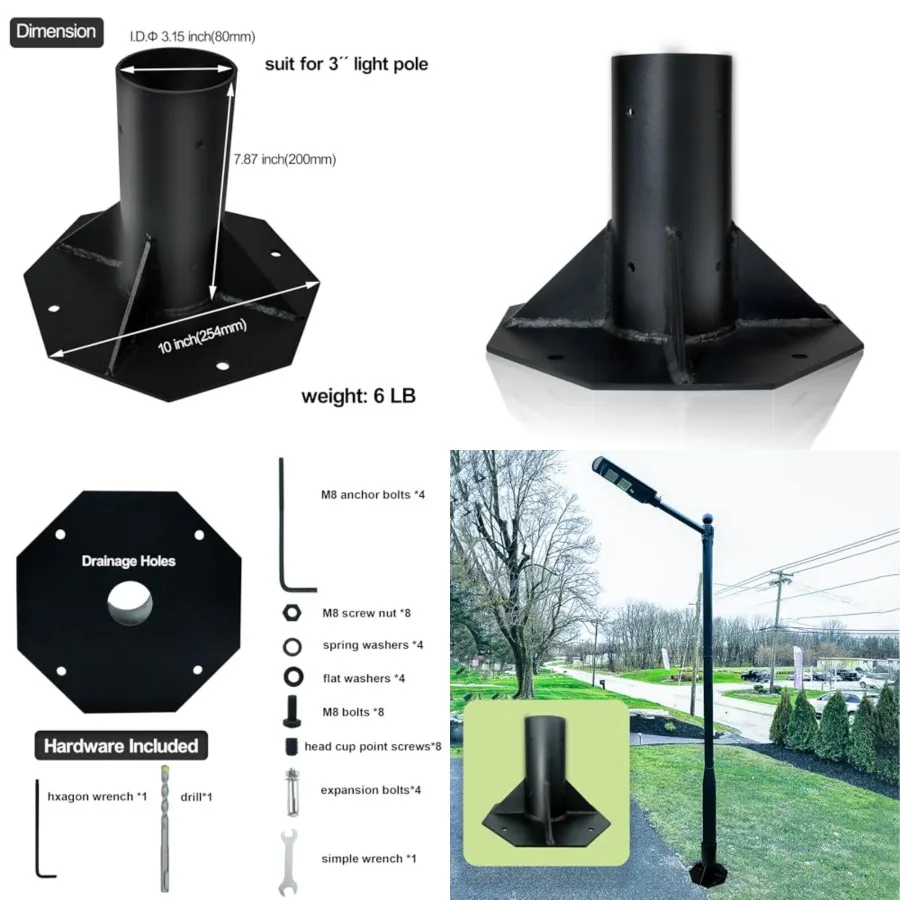 

Outdoor Light Post Base for 3 inch Surface Mount Post, Heavy Duty Metal Flange Anchor Base, Black Pier Mount Adapter with Acces