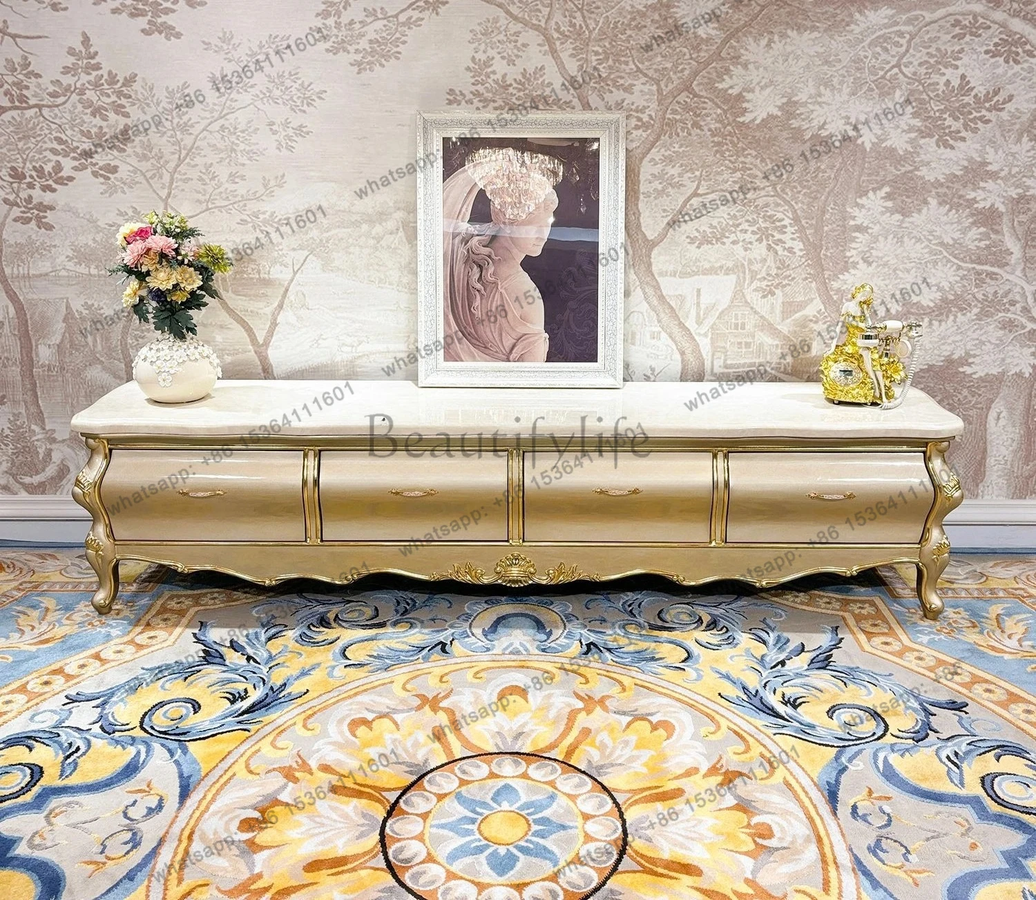solid wood marble TV cabinet, carved living room background solid wood bedroom floor cabinet