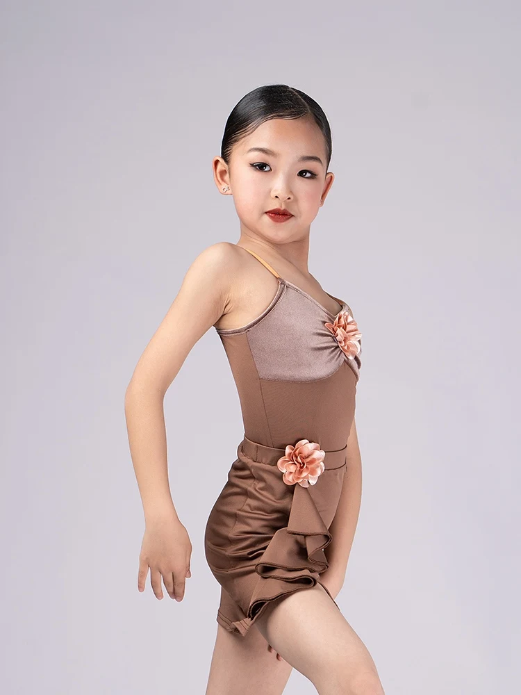 Girls Velvet Latin Dance Dress Black/Brown ChaCha Dance Competition Costume Children Summer Practice Suit Bodysuit Skirt VDB8179