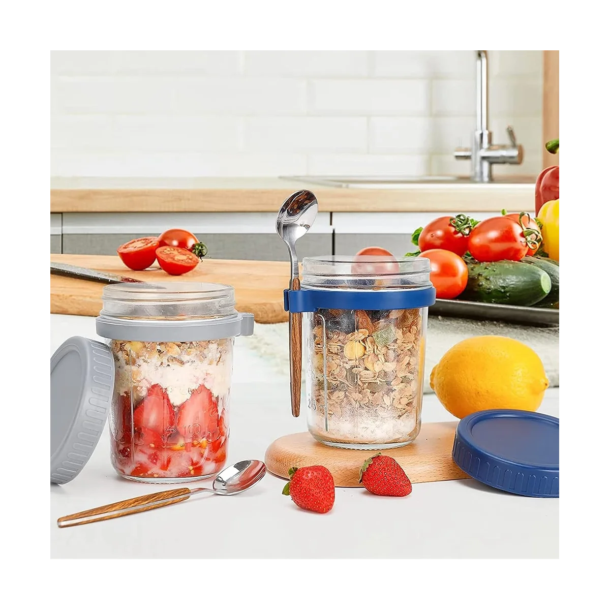 4 Pack Overnight Oats Containers with Lids and Spoons, 12 Oz Glass Mason Overnight Oats Jars, Airtight Oatmeal Container