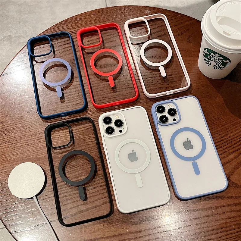 Candy Color Acrylic Clear Phone Case For iPhone 13 12 11 14 15 Pro Max X XR XS 7 8 Plus Magnetic Wireless Charging Hard PC Cover