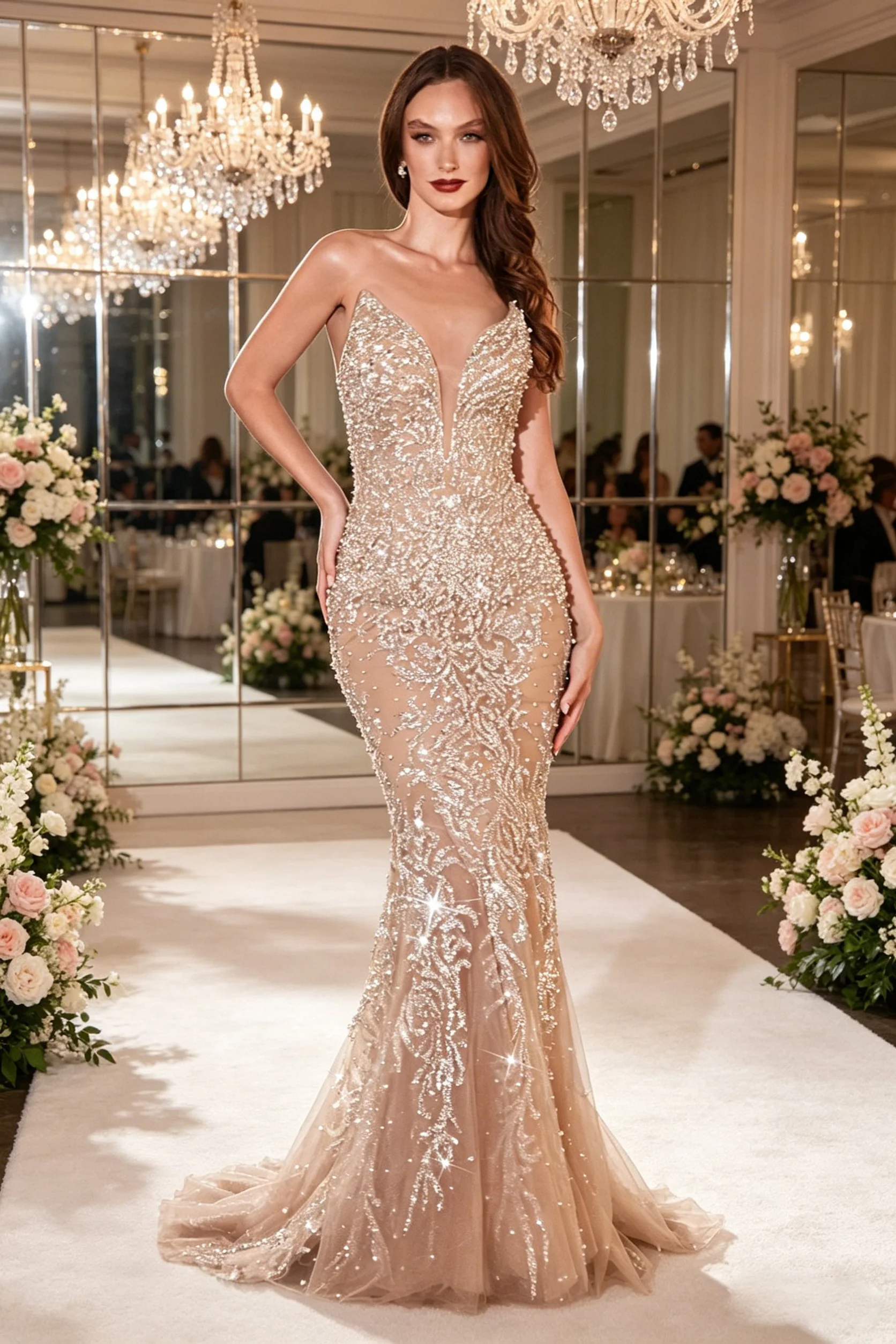 Couture-Kleidergeschäft: Elegante Abendkleider für Damen mit Pailletten, Perlen und tiefem V-Ausschnitt, Meerjungfrauenkleid für den Abschlussball, maßgeschneidert.