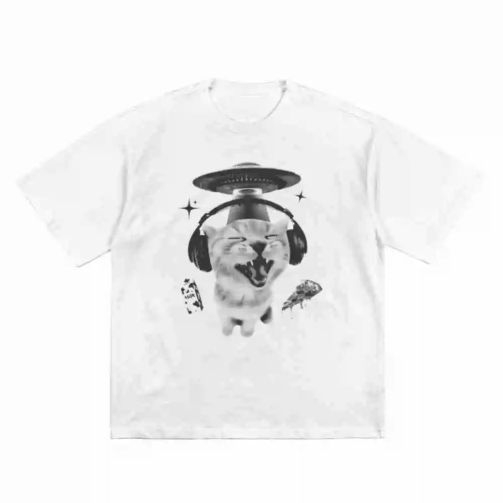 Alien Cat Y2K 90S Meme Short Sleeve Tee 100% Cotton T-Shirt