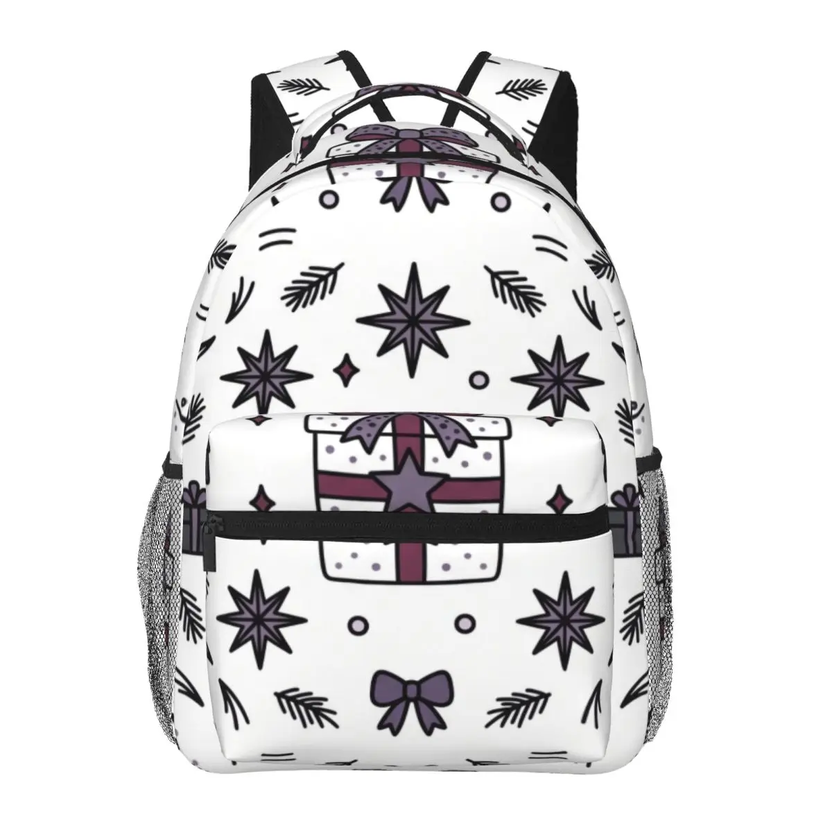 Galaxy Space Print Backpack Center Winter Star Star Dot Gift Box Goth Punk Black White Holiday Bookbag for Girls Boys Travel Gym