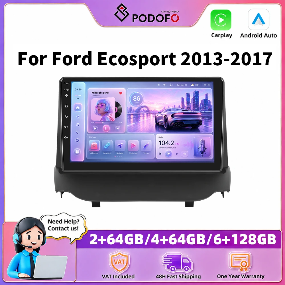Podofo – autoradio 9 pouces pour Ford Ecosport 2013-2017, Carplay sans fil, Android Auto, systèmes de voiture intelligents, navigation GPS, lecteur multimédia, MirrorLink, BT, WIFI, unité principale