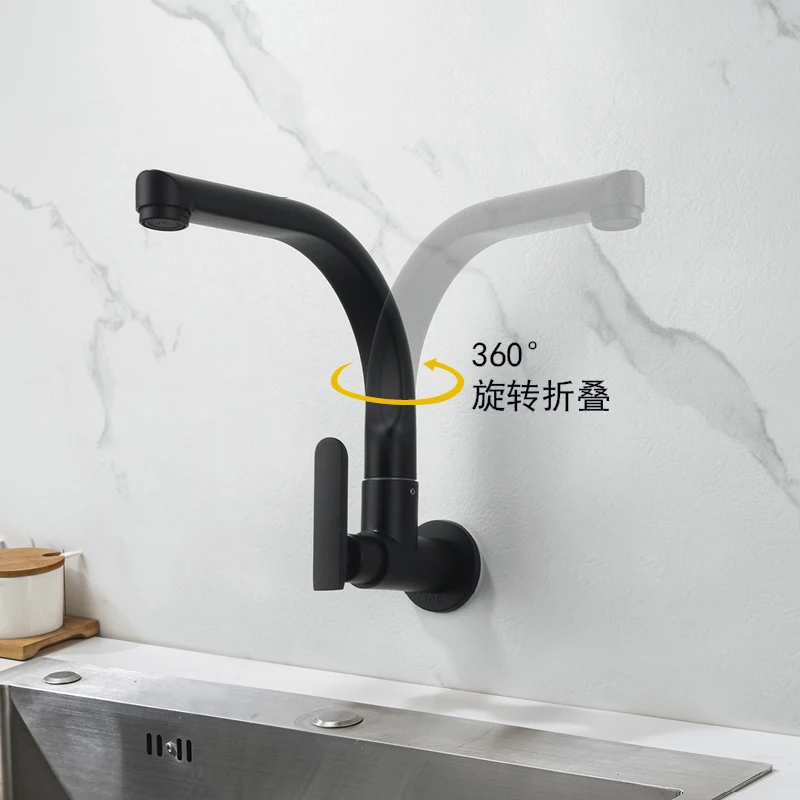 صنبور حوض المطبخ البارد المفرد المثبت على الحائط قابل للدوران 360 درجة °   صنبور حوض السفينة، صنابير المطبخ الحديثة ذات الفتحة الواحدة، أسود غير لامع #5