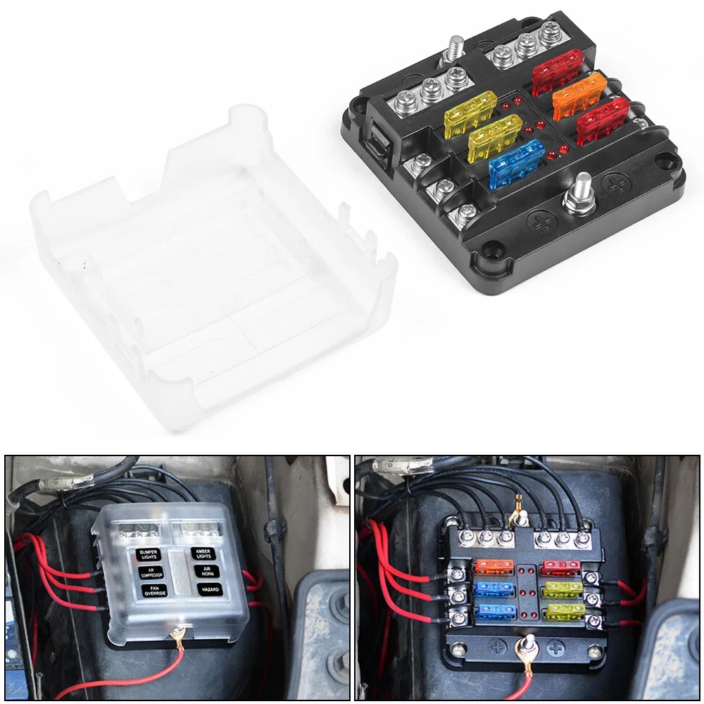 6-Way Auto Blade Fuse Holder Box Block with LED Indicator for 12V 32V Car Marine TT102273