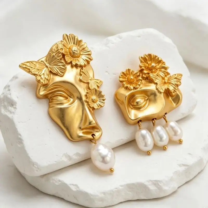 Asymmetrical Statement Earrings for Women, Abstract Face Gold Tone Drop Earrings with Oval Drop for Daily Date and Party