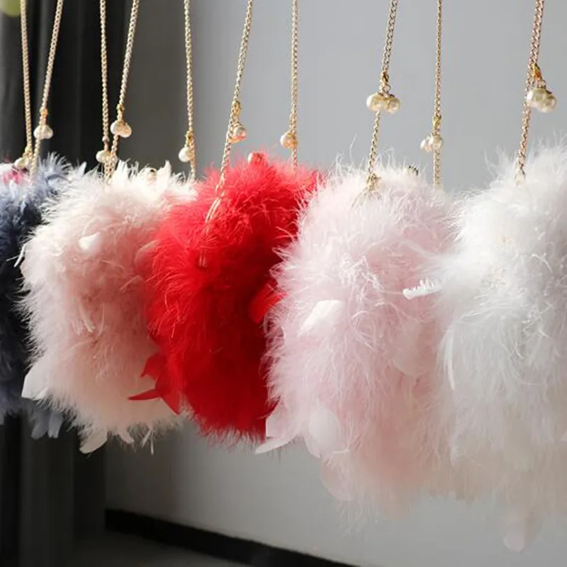 Luxury Women Ostrich Feather Evening Bags Female Party Wedding Dress Shoulder Clutch Fairy Pearl Chain Handbag Purses