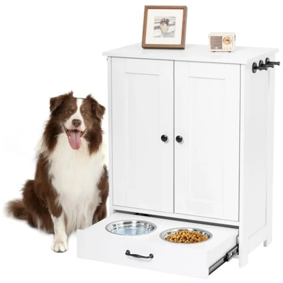 

Dog Feeding Station with Storage Cabinet and 2 Elevated Dog Bowls, Hidden Pet Feeder Station Wood, Dog and Cat Storage Organize