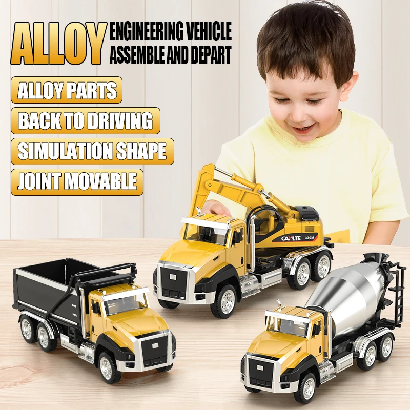 3 Pack of Diecast Engineering Construction Vehicles Dump Digger Mixer Truck 1/50 Scale Metal Model Cars Pull Back Car Kids Toys